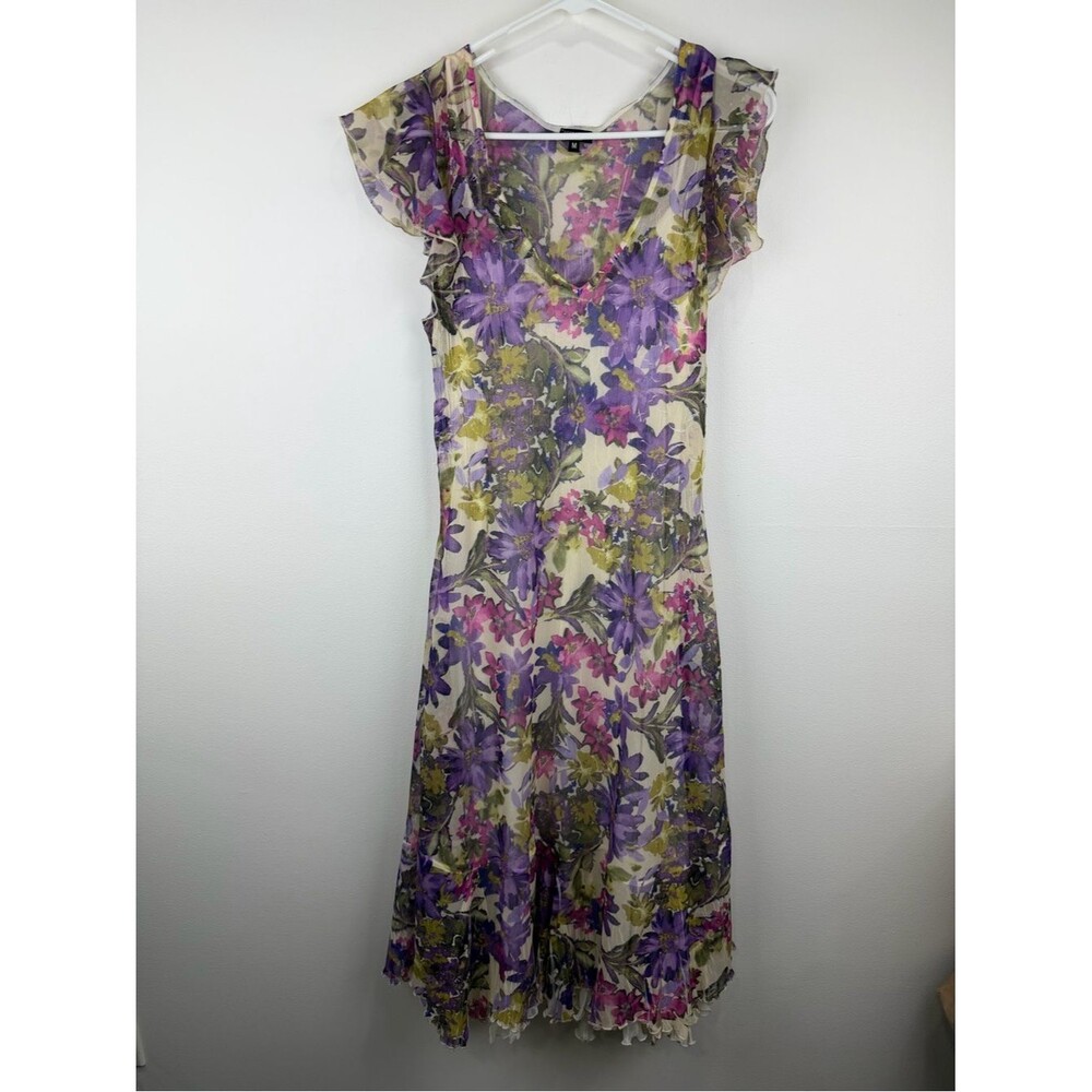 Komarov Floral Chiffon Ruffle Hem Dress Fairy Boho Romantic Cottagecore M